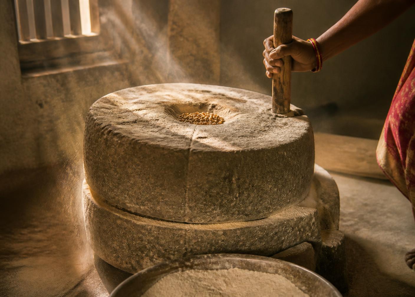 Traditional stone chakki grinding wheat into flour