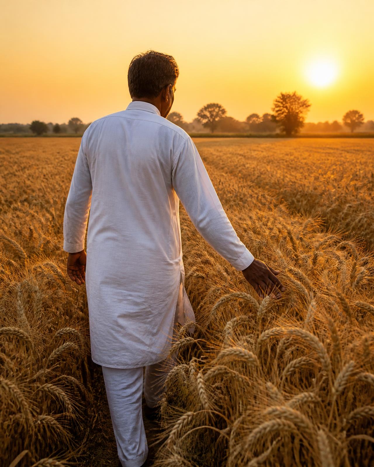 A farmer walking through his wheat field at sunrise